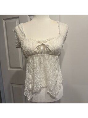 Coquette Y2K Fairycore Sheer Lace White Handkerchief Blouse Size Small